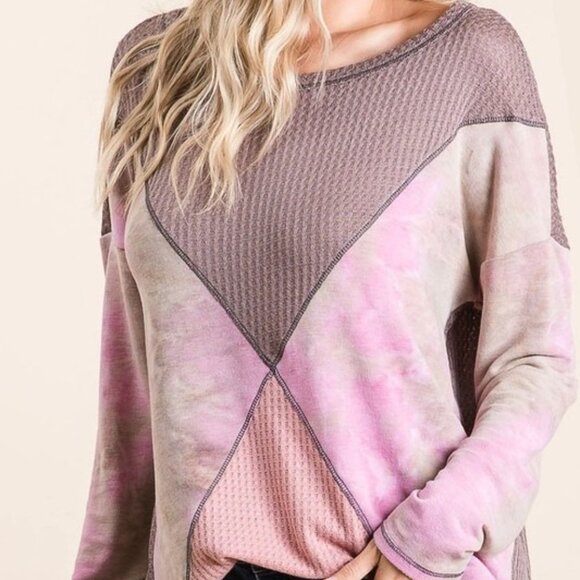 BiBi Thermal Waffle Color Block Top with Tie Dye - Picture 3 of 3